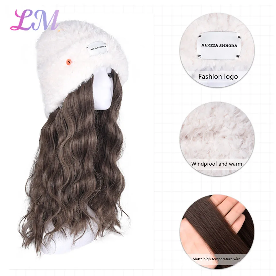 LM Long Synthetic Fluffy Natural Wave Wavy Curly Hair Wigs with Hat Knitted Cap Naturally Connect Adjustable Hat Wig