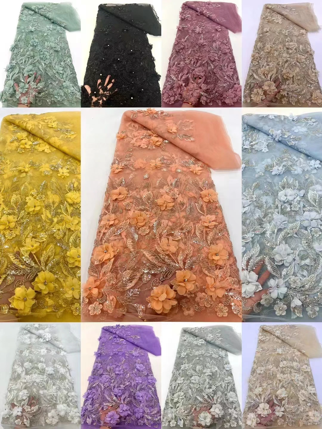 Yellow High Quality African 3D Flower Embroidery Beaded Lace Fabric 5 Yards Handmade French Tulle Lace Fabric for Wedding Dress