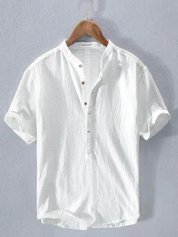 

Cotton Linen Short Sleeve T-Shirt Overhead Casual Loose Men's Shirt City Walk Collar Deformation Resistant