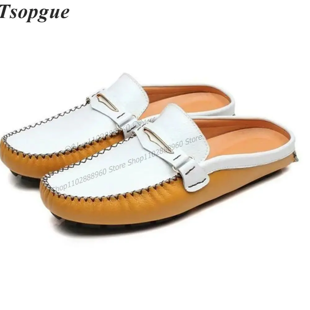 

White And Orange Patchwork Leather Men's Half Slippers Men Shoes Slip-On Runway Casual Party Shoes 2023 Fashion Zapatillas Muje