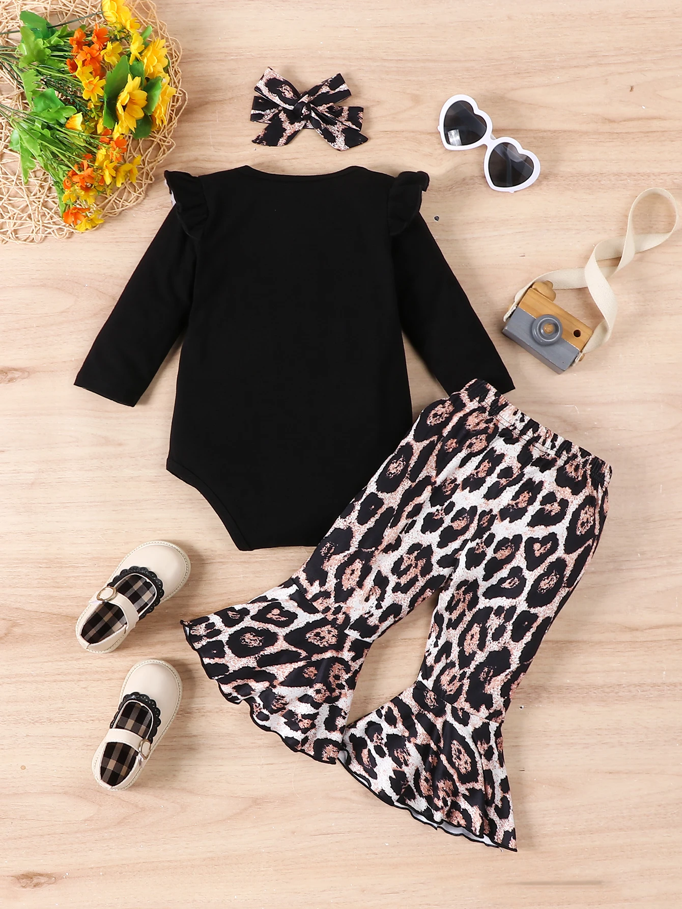 Baby Spring&Autumn Clothing Newborn Infant Baby Girl Clothes Ruffled Long Sleeve Jumpsuit+Leopard Pant Headband 3Pcs Outfits