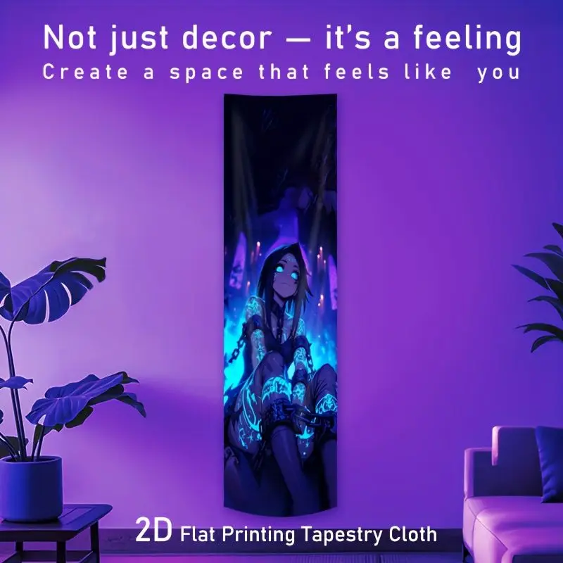 VIKAMA UV Blacklight Anime Girl Tapestry Long Narrow Wall Hanging Neon Manga Poster for Bedroom Living Room Dorm Otaku Decor