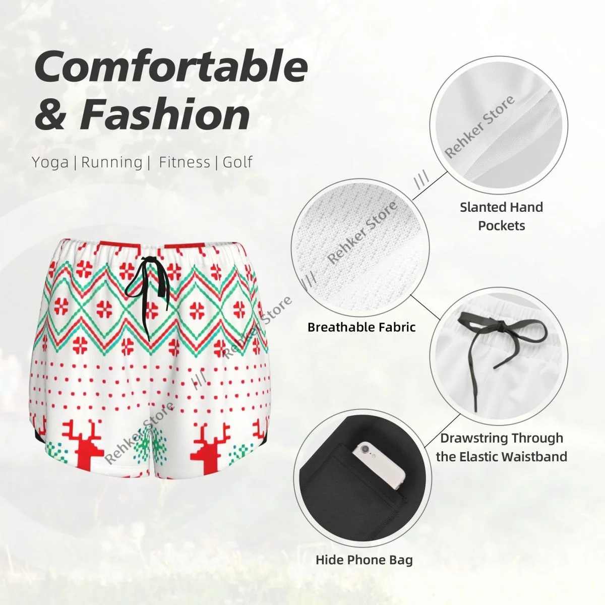 Sportshorts für Damen, Neujahr, Weihnachtsmuster, Pixel, Laufen, Yoga, Fitness, schnell trocknend, Badminton-Training mit Tasche