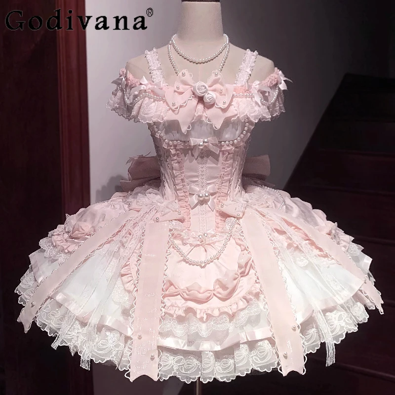 

Pink Sweet Lolita Princess Dresses JSK Girl's Woman's Slim-Fit Elegant Lace Bow Tail Birthday Dress Y2k Ballet Style Mini Dress