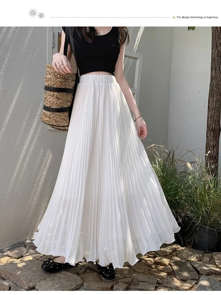 Women Chiffon Pleated Midi Skirt Elastic High Waist Solid Color Irregular Hem Flowy Summer Long Skirt