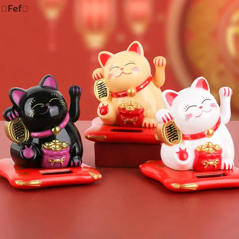 Solar Powered Maneki Neko Lucky Cat Welcoming Chinese Lucky Cat Waving Hand Beckoning Fortune Cat Figurines For Home Decor