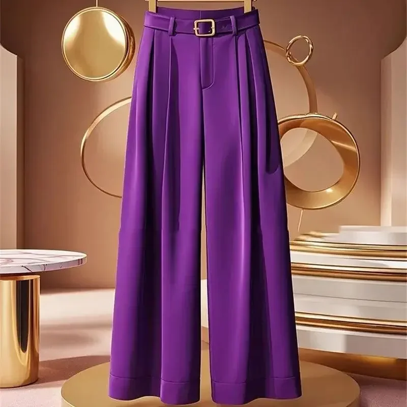 New Fashion Casual Wide Leg Pants Women Office Lady High Waist Slim Loose Wide Leg Purple Suit Pant Fashion Trousers with Belt