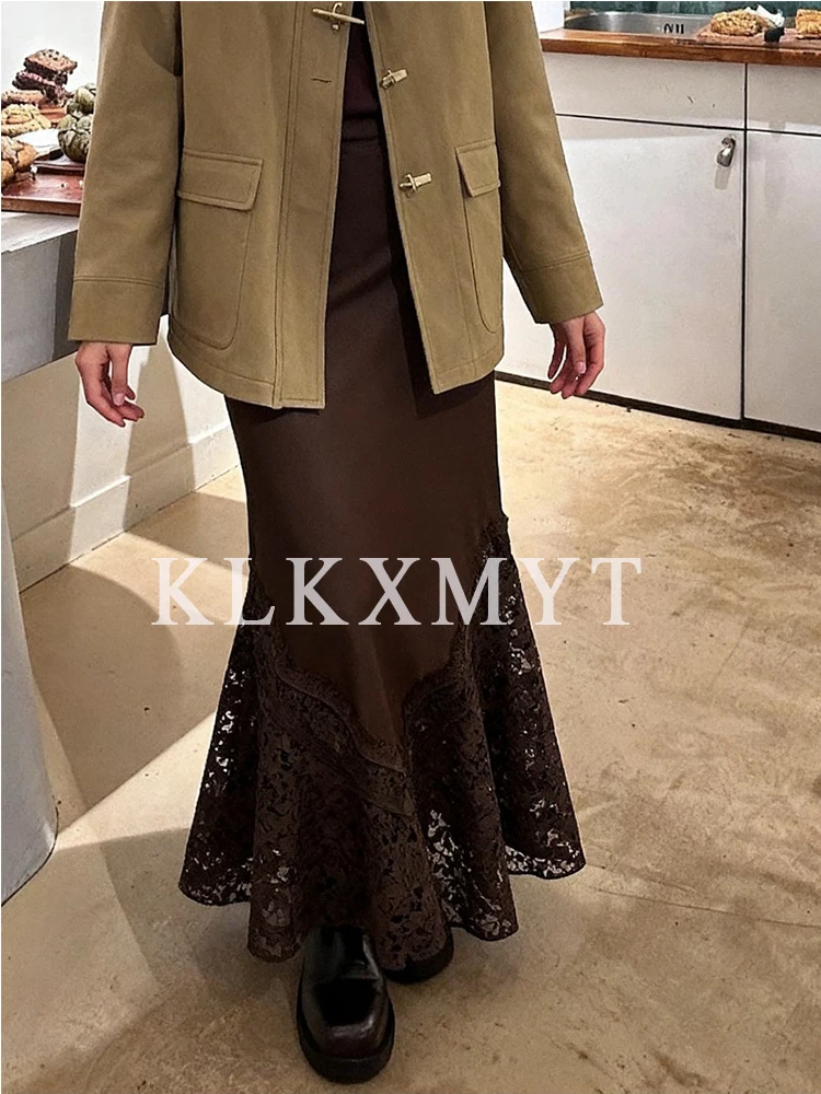 Femmes jupes portefeuille 2025 femmes automne mode couleur unie Satin dentelle épissure taille haute jupes longues femmes élégantes jupes de fête