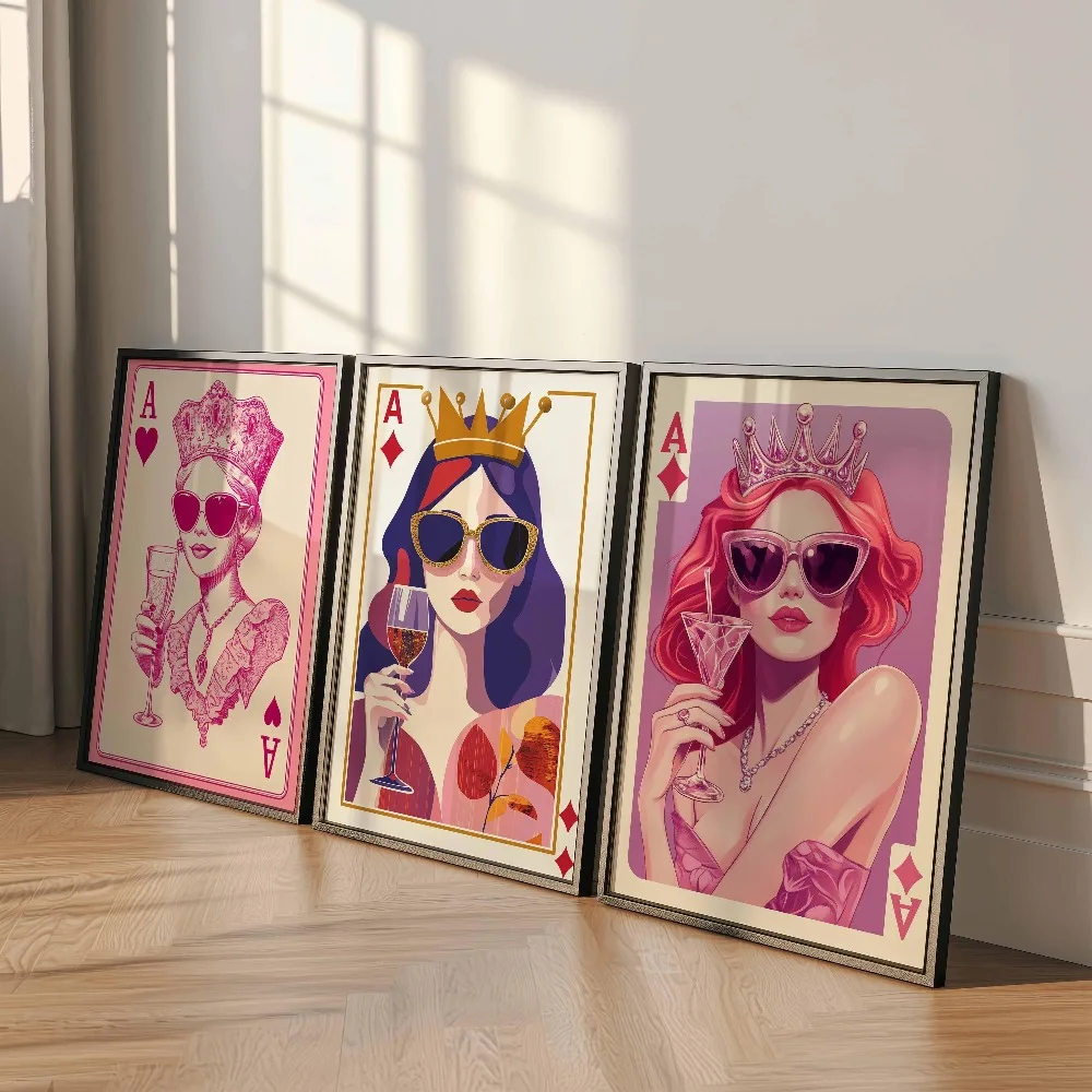 3pcs Set Queen of Hearts canvas Poster Glamorous Playing Card Art Pink and Red Fashion Prints Stylish Queen Illustrations