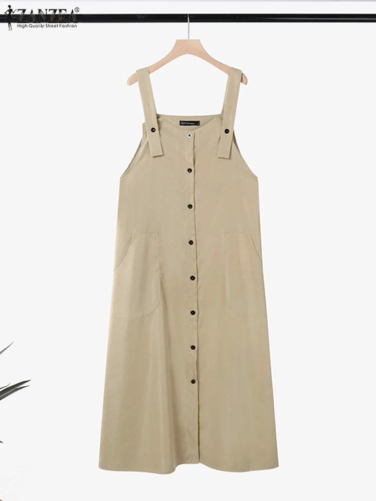 

2025 Women Summer Overalls Dress Sleeveless Buttons Sundress ZANZEA Muslim Hijab Dresses Abaya Robe Femme Solid IsIamic Clothing