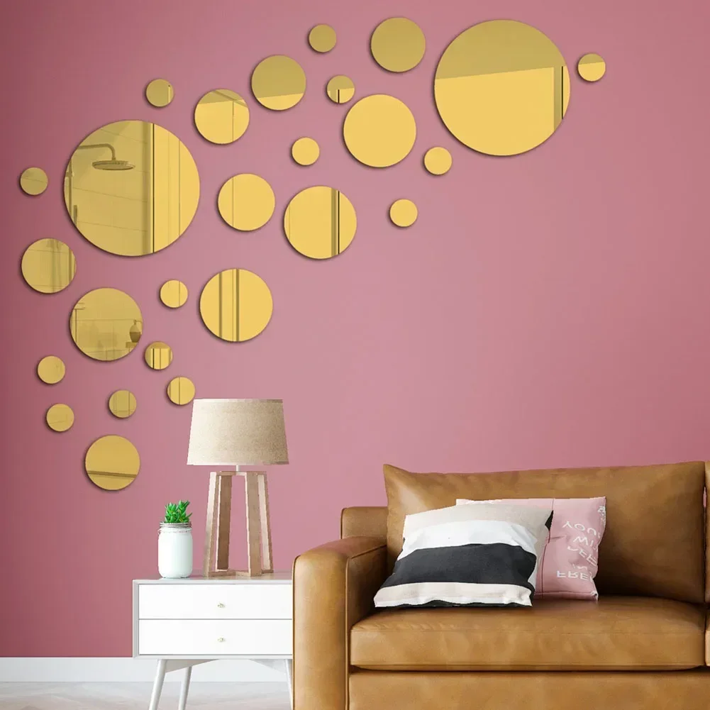 26pcs Circle Mirror Sticker Decal Gold Self Adhesive Acrylic Tiles Wall Sticker Decals DIY Bedroom Living Room Bathroom Decor