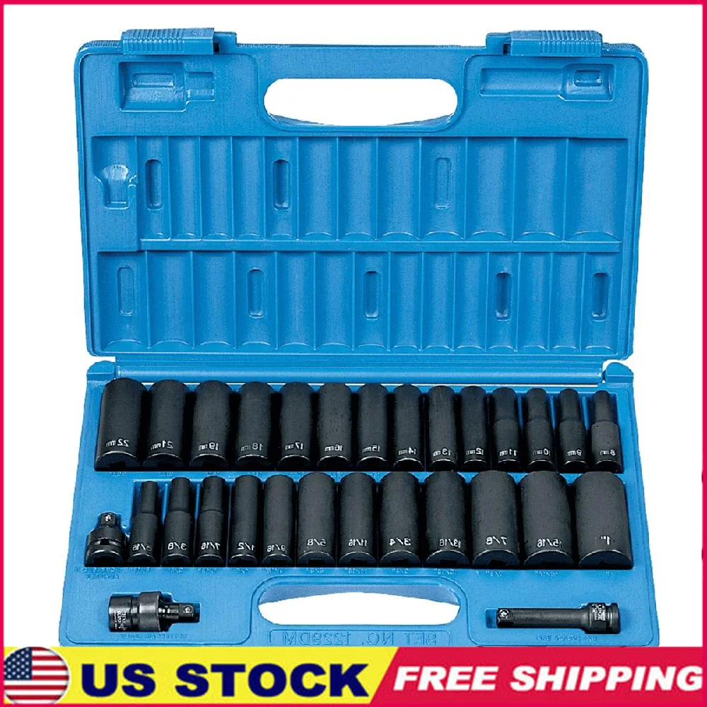 29-Piece Deep SAE/Metric Impact Socket Set 3/8in Drive High Torque Chrome-Molybdenum Steel Easy Identification Storage Case