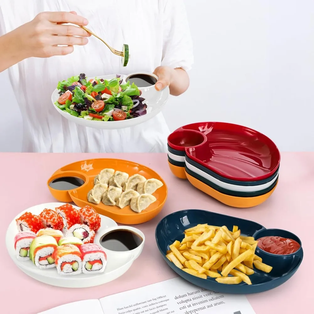 10 عبوات من أطباق تقديم الرقاقة والغمس، 9 × 6.5 طبق زلابية عشاء بلاستيكي كبير قابل لإعادة الاستخدام مع حجرة صلصة للتاكو، الجمعة