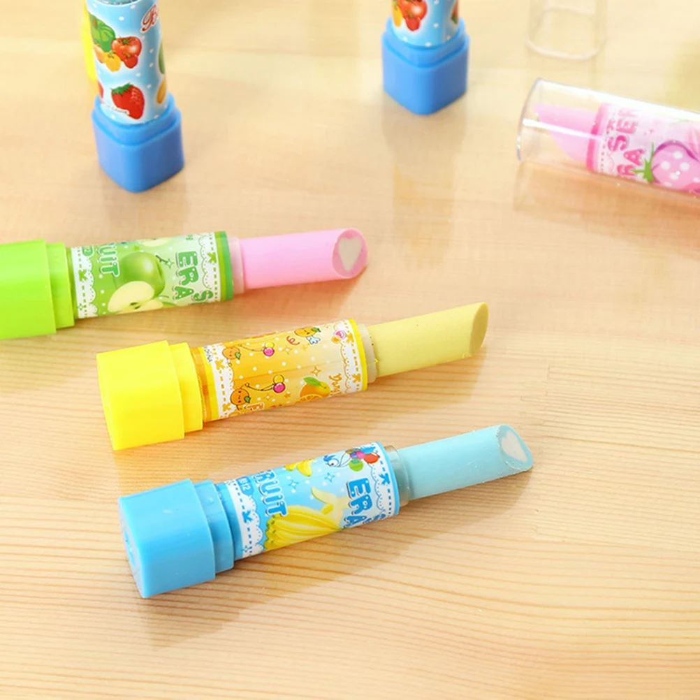 

10Pcs Lipstick Eraser Creative Stationery Fun Gift for Kids Students Durable Safe Different Colors Cartoon Design