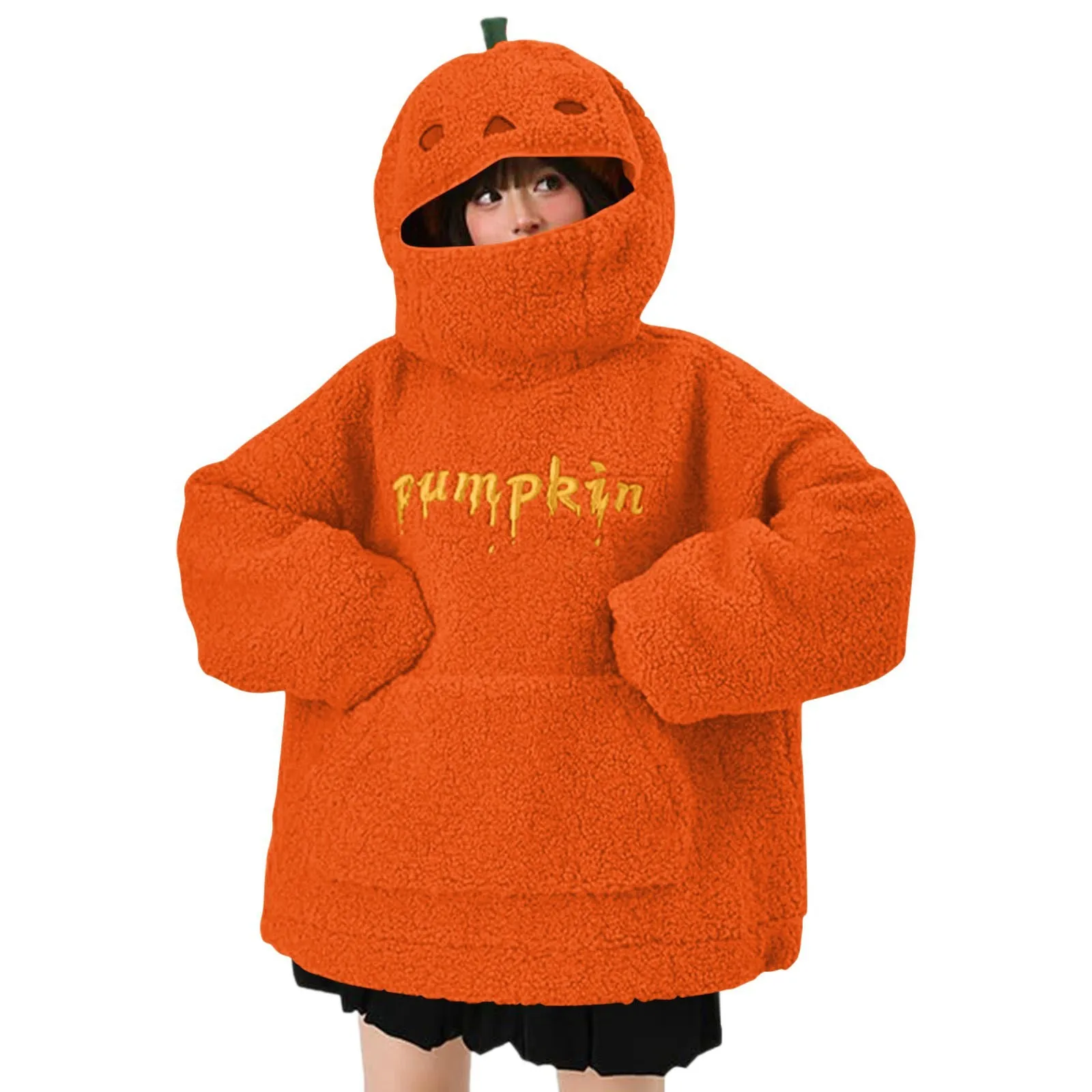 Women\'s  Hooded Autumn Double-Faced Fleece Cute Halloween Play Pumpkin  Kawaii Clothing Pattern Orange Hooded Sweatshirt