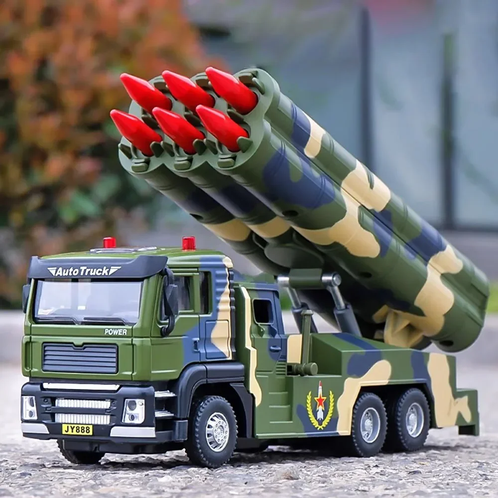 1:50 Scale Military Missile Rocket Launcher Model Toy Metal Diecast Vehicle Sound Light Pull Back Trucks Models Toys for Boys