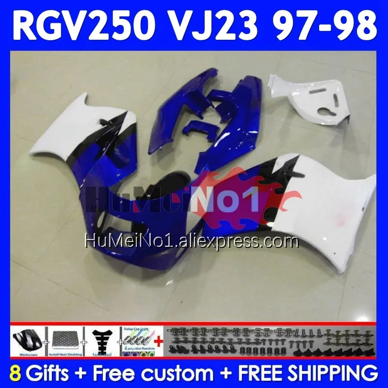 Bodys Kit For SUZUKI RGVT250 SAPC RGV 250 VJ23 97-98 110No.20 RGV-250 VJ 23 White blue RGVT-250 RGV250 97 98 1997 1998 Fairing