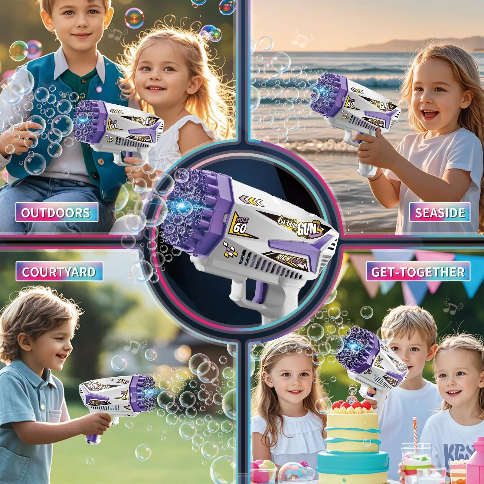 Máquina de bolhas de 60 buracos, pistola de bolhas com luzes led, para crianças, meninos, meninas, festa de aniversário ao ar livre (sem solução de bolhas)