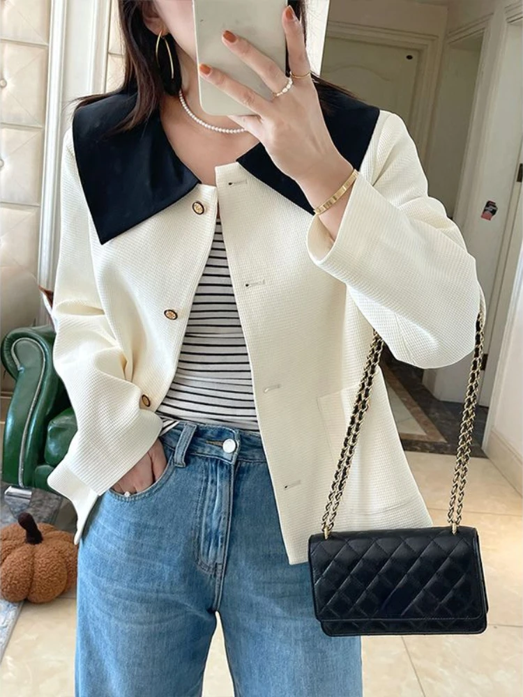 Jackets Women Autumn Design Lovely Peter Pan Collar Simple Solid Loose Comfortable Korean Style Retro All-match Fashion Leisure