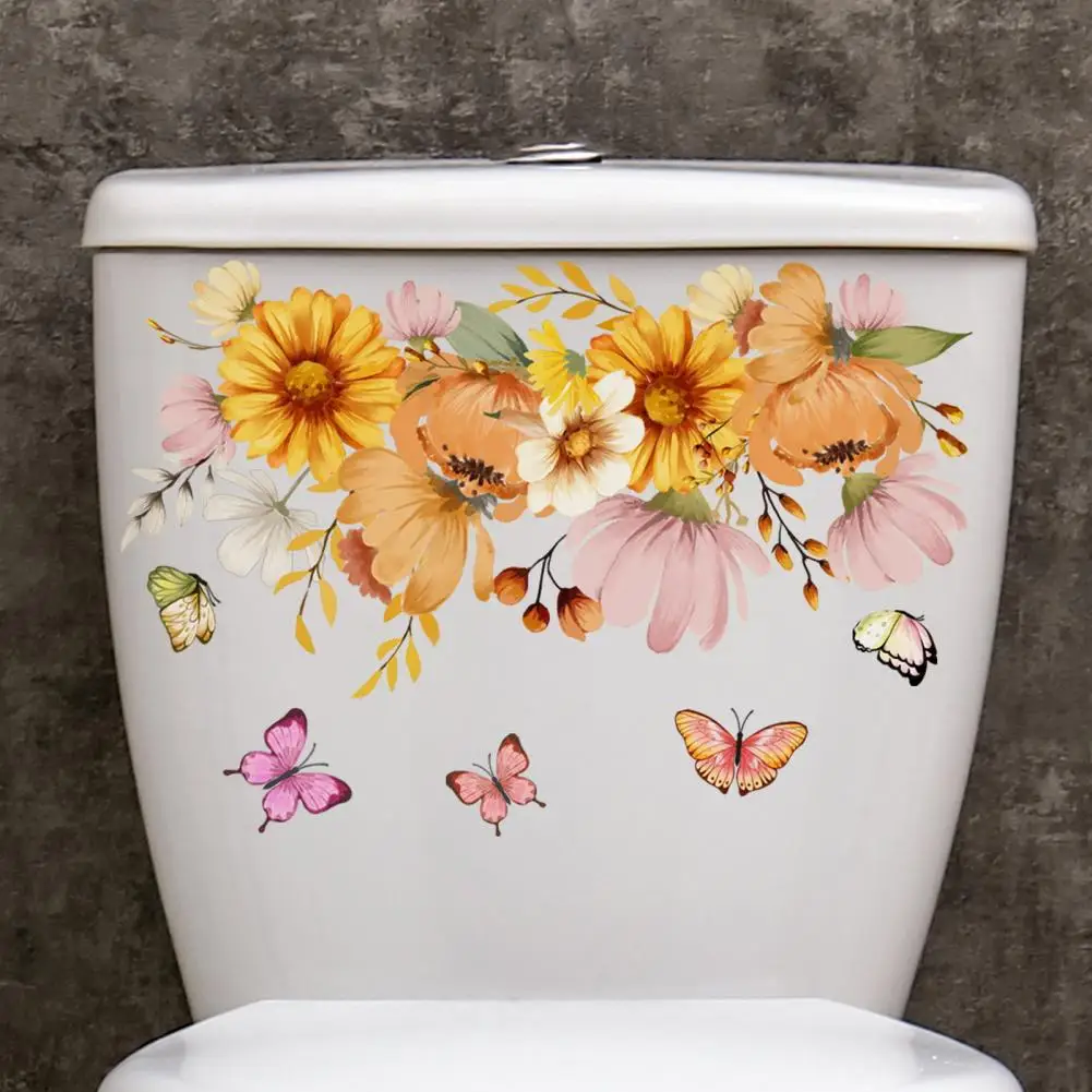 

Peel Stick Toilet Decal Colorful Flower Butterflies Toilet Sticker Removable Self-adhesive Waterproof Pvc Decal for Room Wall