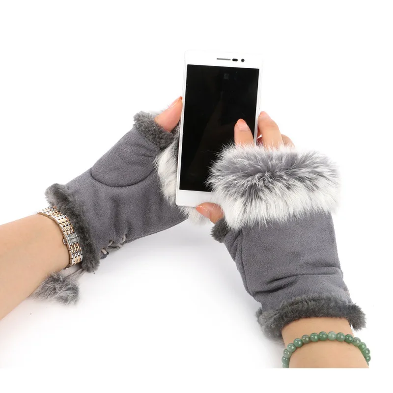 

Women Fingerless Gloves Arm Warmers Suede Leather Faux Rabbit Fur Wrist Warmer Solid Women Mitten Short Gloves Without Fingers