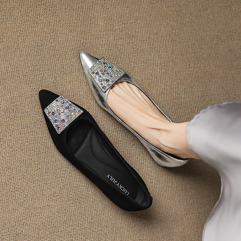 2026 new spring summer women pumps natural leather 22-25cm kid suede/sheepskin pointed toe low heel rhinestone women shoes