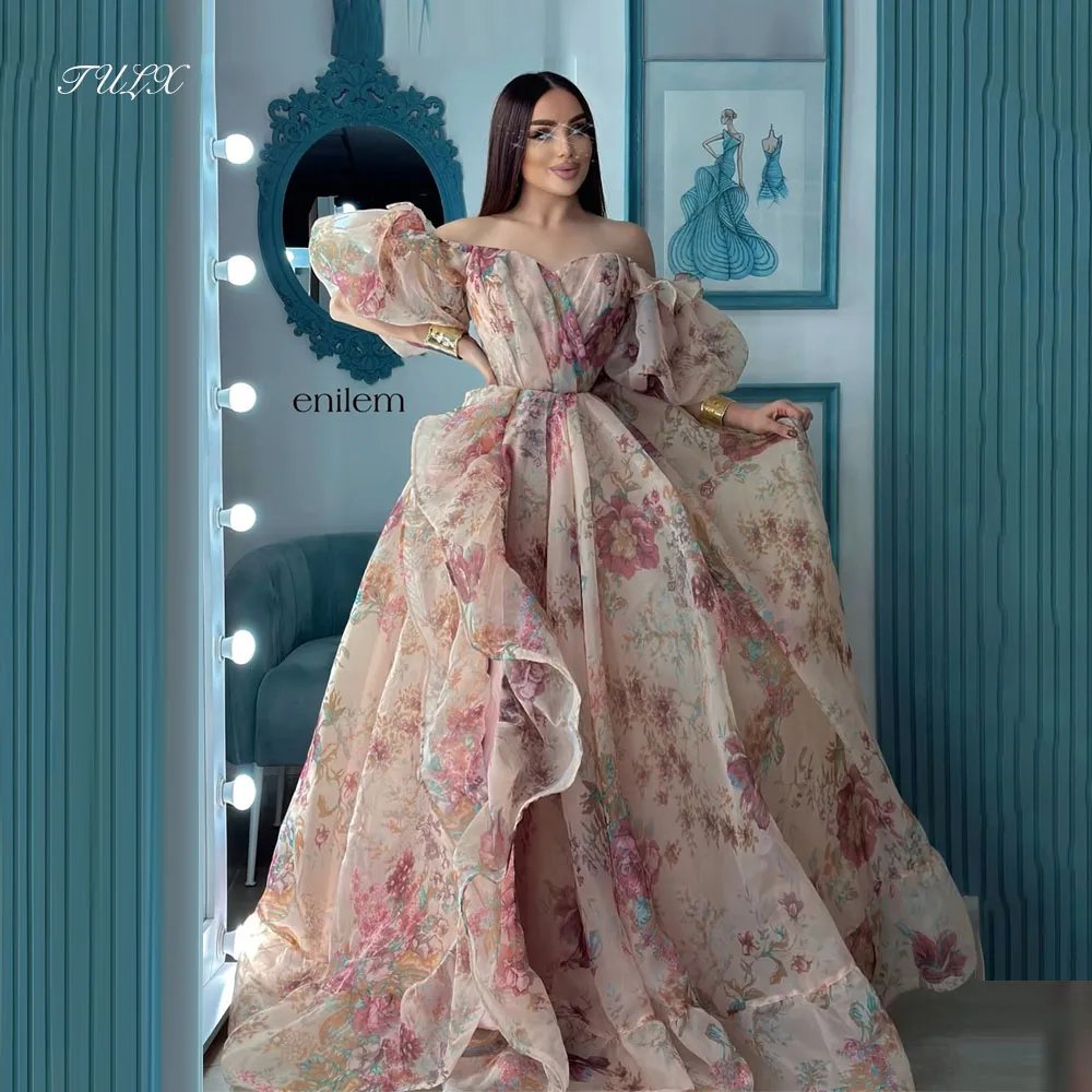 TULX Luxus Blumendruck Arabia Abendkleid Schatz Puffärmel Partykleid A-Linie Lange Rüschen Eventkleider Maßgeschneidert