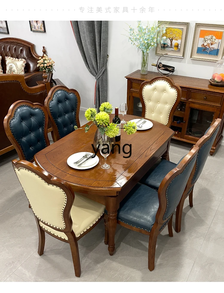 Lmm all solid wood dining table and chair combination telescopic retro simple folding household round table