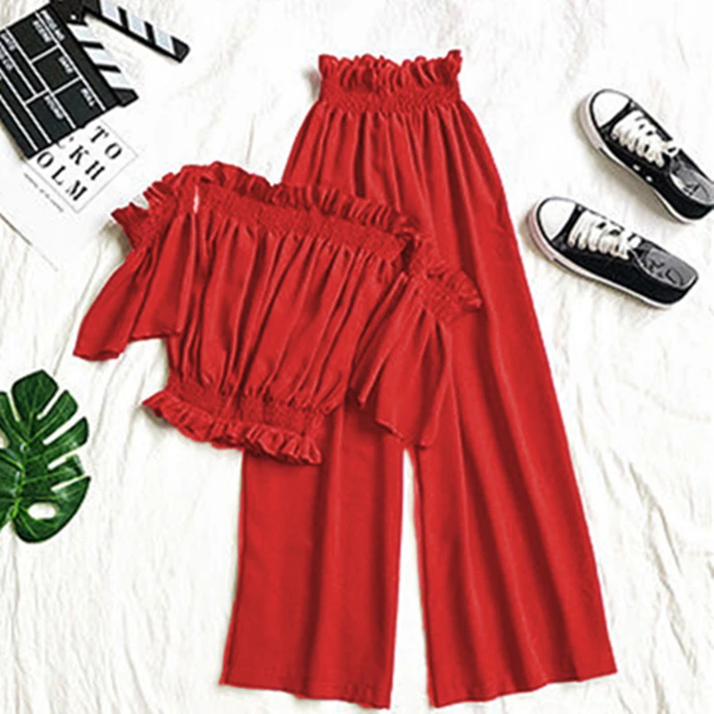 Short Sleeved Off Shoulder Exposed Navel Waist Collection Crop Top+Flower Bud Elastic Waist Wide Leg Pants Sets Summer Sweet
