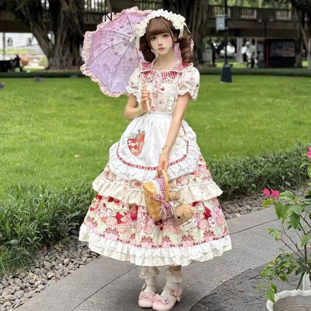 

Summer New Sweet Cute Beige Cartoon Short Sleeve Long Lolita Princess Dress Versatile Headband White Embroidered Apron Set