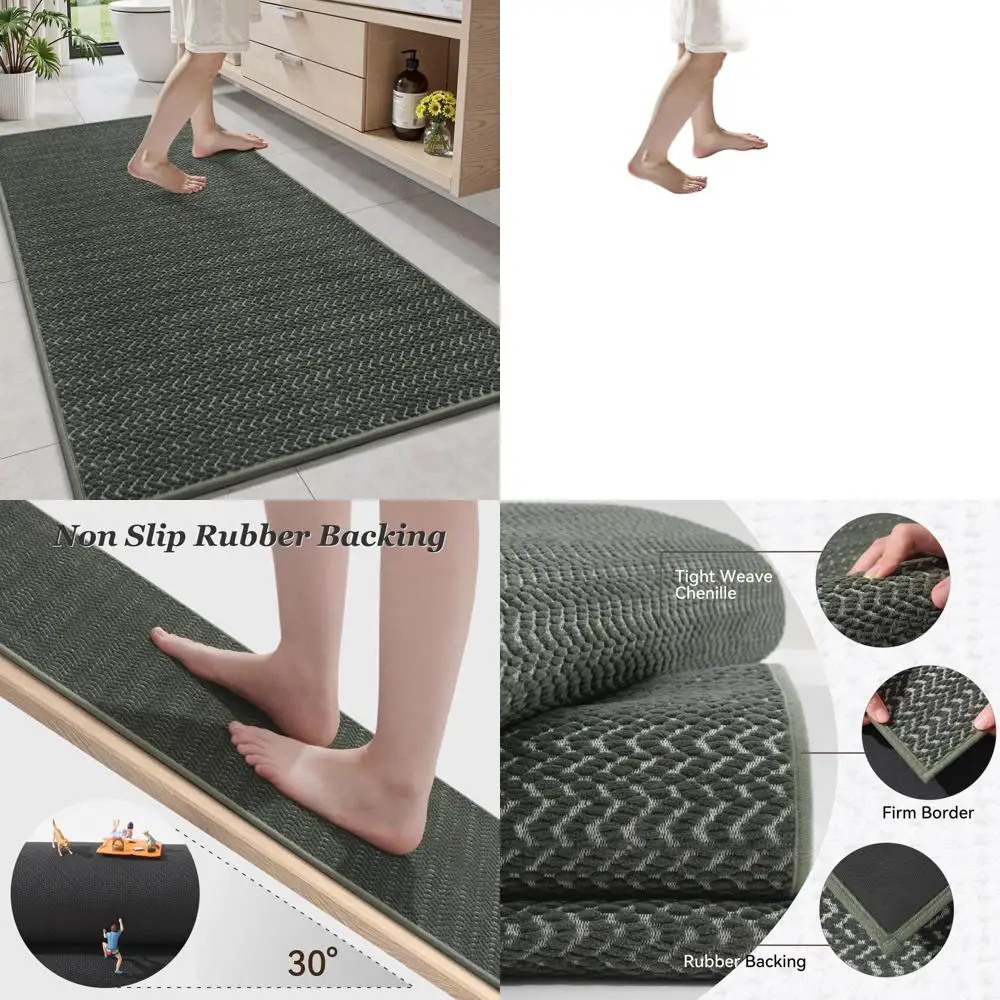 

Durable Green Chenille Bath Mat, 24x70, Super Absorbent, Quick-Dry, Non-Slip Rubber Backing, Thin for Easy Door Clearance