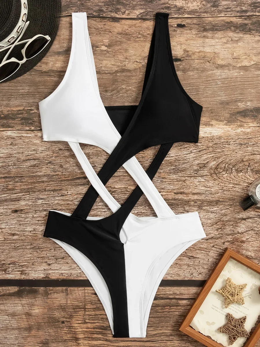 2025 Sexy Splicing V Neck High Cut Women Swimwear One Piece Swimsuit Female Monokini Cross Bandage Bathing Suit Swim Beach Wear