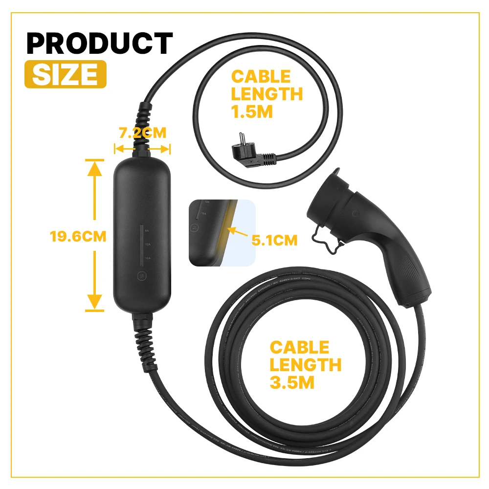 Morec Przenośna ładowarka samochodowa typu 2 16A 3,6 kW Tryb ładowania pojazdów elektrycznych 2 Kabel do samochodu elektrycznego z wtyczką Schuko