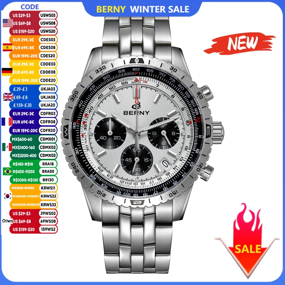 BERNY Watches for Men Chronograph Pilot Quartz Watch Date Sapphire Super Luminous Luxury Brand Multifunction Timer Wristwatch