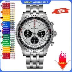 BERNY Watches for Men Chronograph Pilot Quartz Watch Date Sapphire Super Luminous Luxury Brand Multifunction Timer Wristwatch