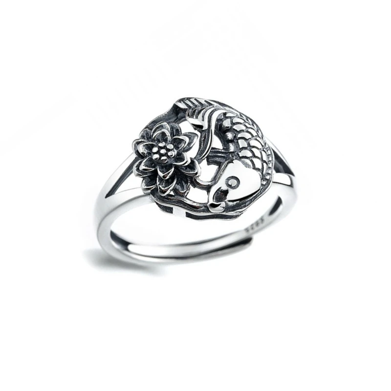 Vintage Carp Lotus Rings Open Adjustable Ring For Women Sliver Color Fish Flower Finger Jewelry Valentine's Day Gift
