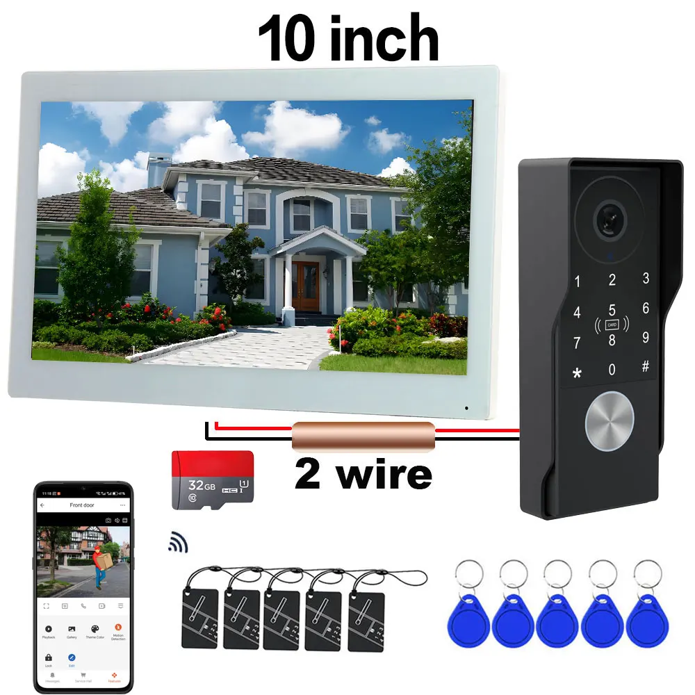 2-Wire 5G Wifi 7/10inch Touch Screen Tuya Smart Video intercom doorbell 1080P Waterproof Camera Support Password Inductive Card