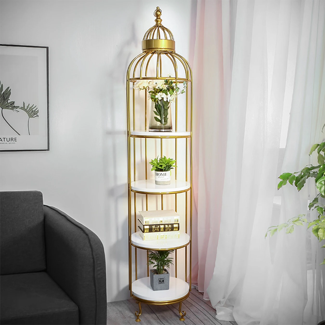 

Nordic wrought iron flower stand American living room balcony floor-to-ceiling multi-layer bird cage shelf wall corner decorativ