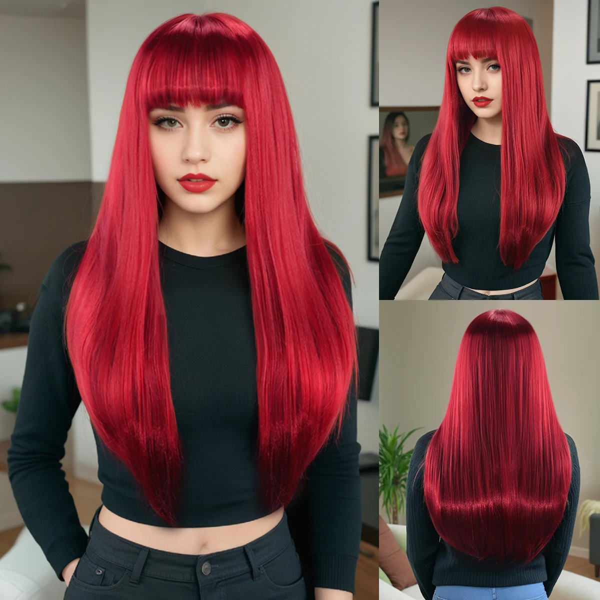 

Европейский и американский женский парик, длинные прямые волосы, красная модная прическа, пушистый парик из синтетического волокна.