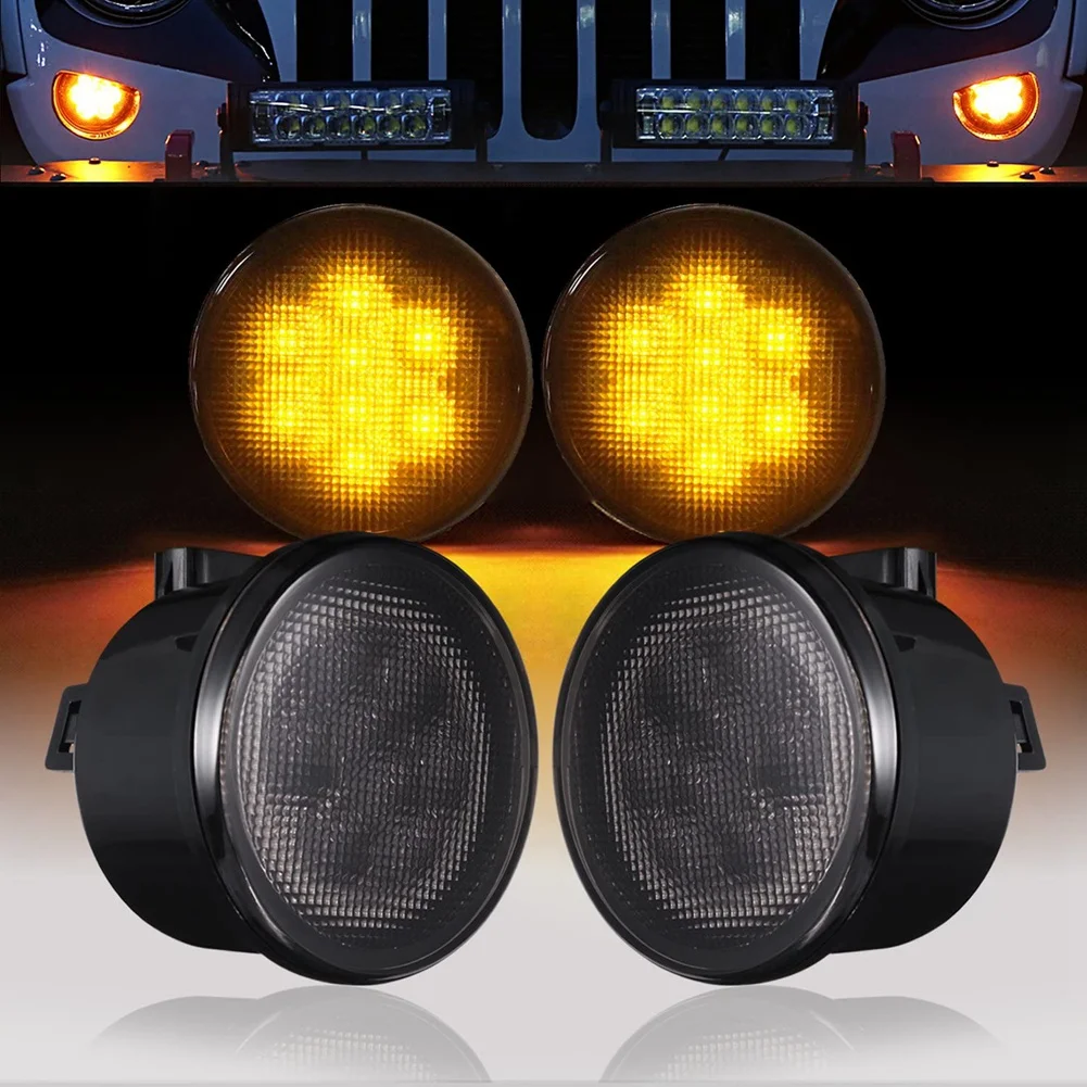 Amber LED Front Grille Turn Signal Light Indicator Blinker Lamp for Jeep Wrangler JK JKU 2007-2018, Smoke Lens