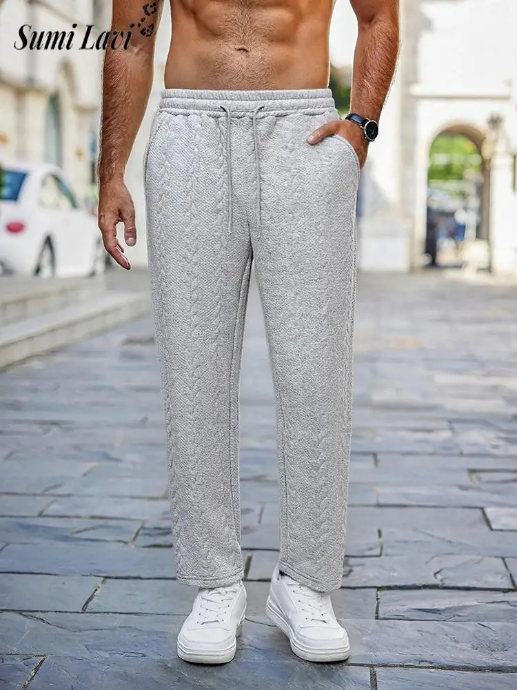 

Sports Casual Textured Sweatpants Mens Spring Autumn Fashion Drawstring Loose Straight Bottoms Men Vintage Jacquard Pants