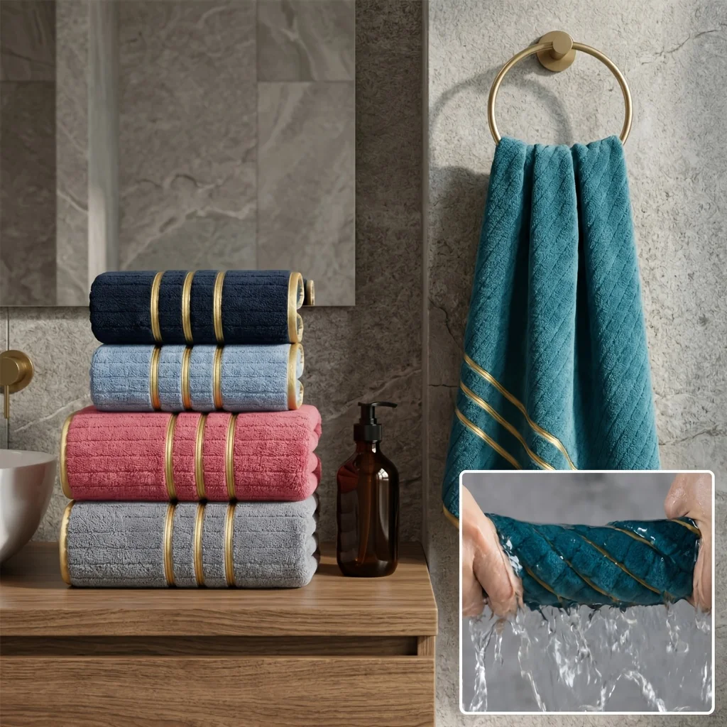 3/6/12-Piece Coral Fleece Towel and Bath Towel Set, gold-edge embroidery with striped texture. Washcloth: 34×34CM, hand towel: 34×75CM, bath towel:70×140CM. Soft, quick-drying and highly absorbent. Perfect for home, hotels, spas, gyms and travel.