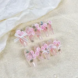Handmade Press On Nails 3D Pink Rose Decor Long Blush Pink Fake Nails Rhinestone Charming Handmade Ballet False Artificial Nails