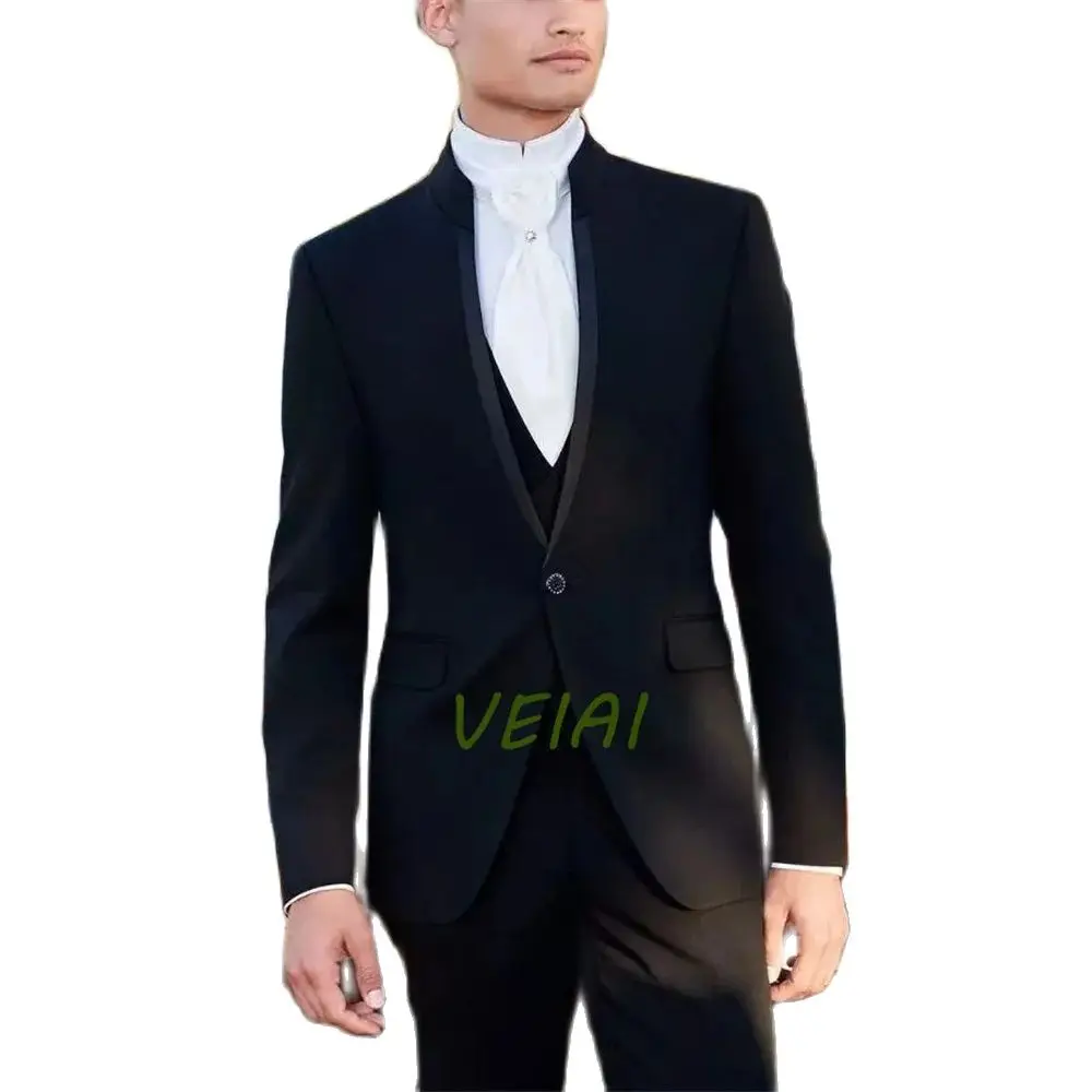 

Luxury Suits for Men Black Single Breasted Stand Lapel Casual Party Outfits Clothing Three Piece Jacket Pants Vest Slim Fit