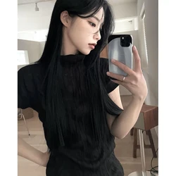 Y2K Folds T-Shirts Women Streetwear Pleated Crop Tops Korean Harajuku Summer Turtleneck White Black Slim Casual Chic Tees New