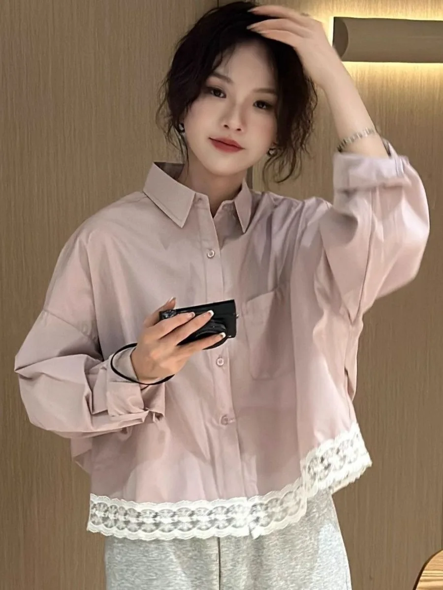 

Весна-Осень 2025: Женская свободная блузка с длинным рукавом, кружевной отделкой и вставками, из тонкого полиэстера, для повседневной носки