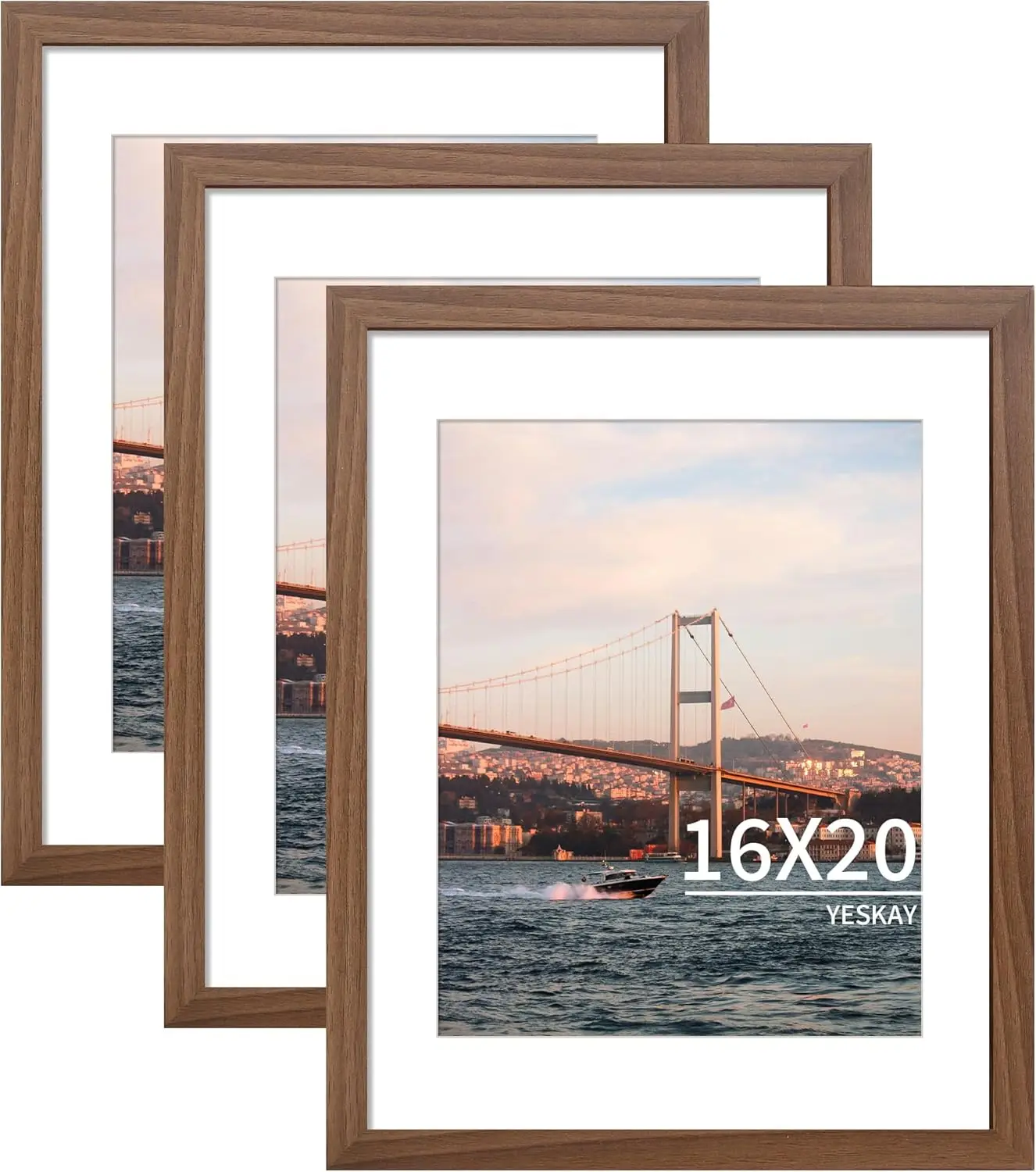 

16x20 Picture Frame Set of 3, Display 11x14 with Mat or 16x20 Without Mat, Wood Poster Frames for Wall Hanging Horizontal and