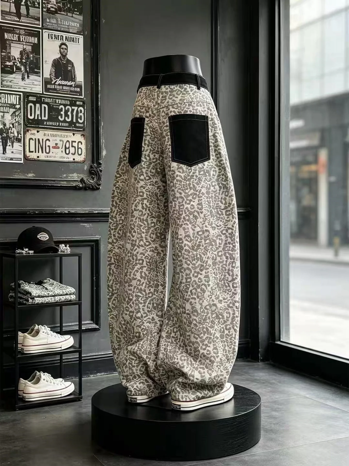 Fall American Leopard Print Patch Pocket Jeans Men's Streetwear Color Block Stripe Vintage Loose Silhouette Knife Long Pants
