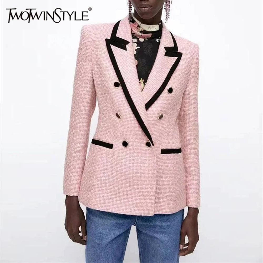 TWOTWINSTYLE Hit Color Spliced Button Jackets for Women Lapel Long Sleeve High Waist Temperament Kackets Female