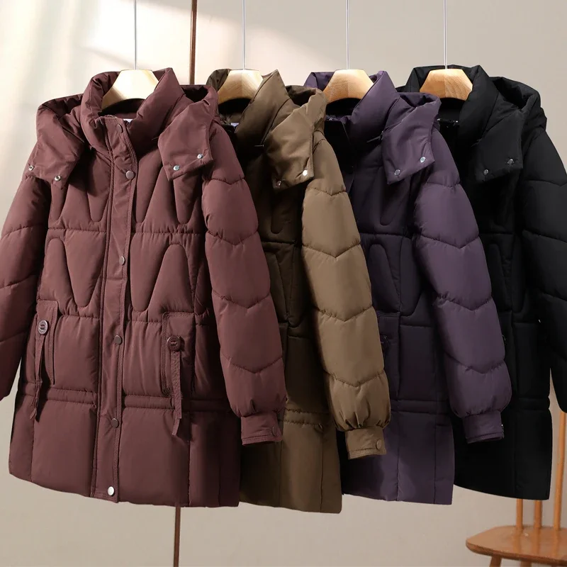 Parkas à capuche à manches longues pour femmes, manteau d'hiver élégant, vestes d'extérieur chaudes pour dames, optique, 2024